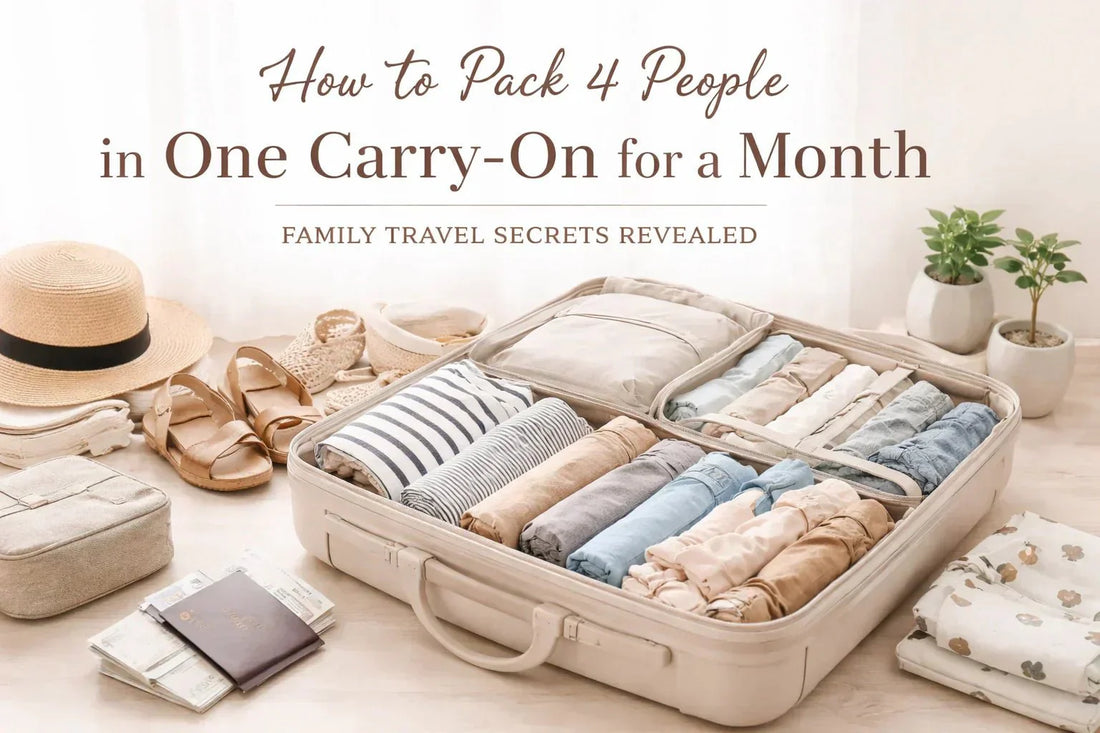 How to Pack 4 People in One Carry-On for a Month, packed suitcase.