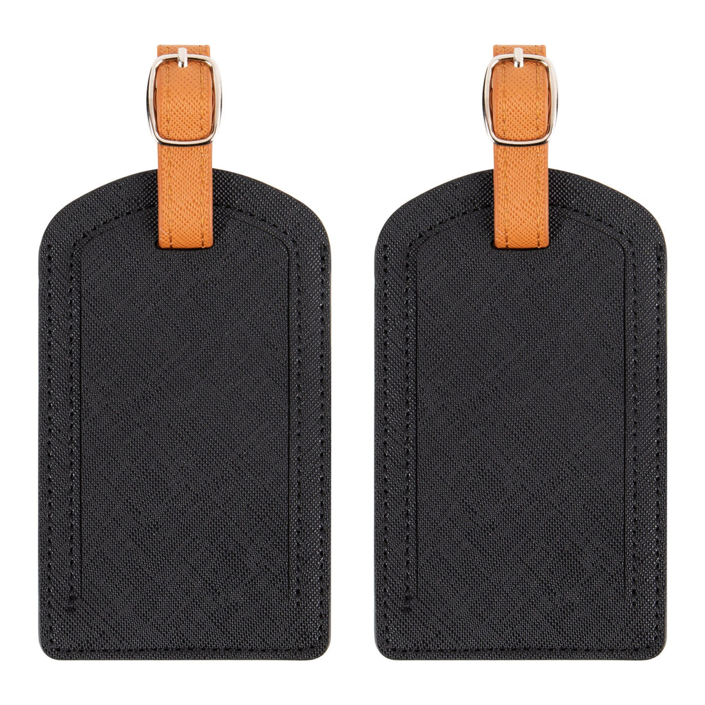 The Luggage Tag in black with orange strap for easy identification