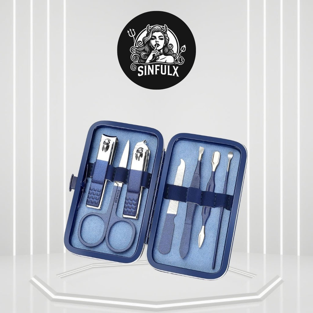 Manicure set with blue case and tools on a white background, featuring the Sinfulx brand logo.