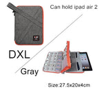 Gray and orange carrying case for iPad Air 2 with text indicating size and features. D-Extra Large 27.5 cm by 20 cm by 4 cm. 