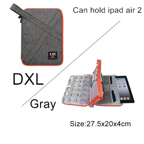 Gray and orange carrying case for iPad Air 2 with text indicating size and features. D-Extra Large 27.5 cm by 20 cm by 4 cm. 