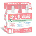Dreft diaper bag to go kit packaging with three bottles on a white background