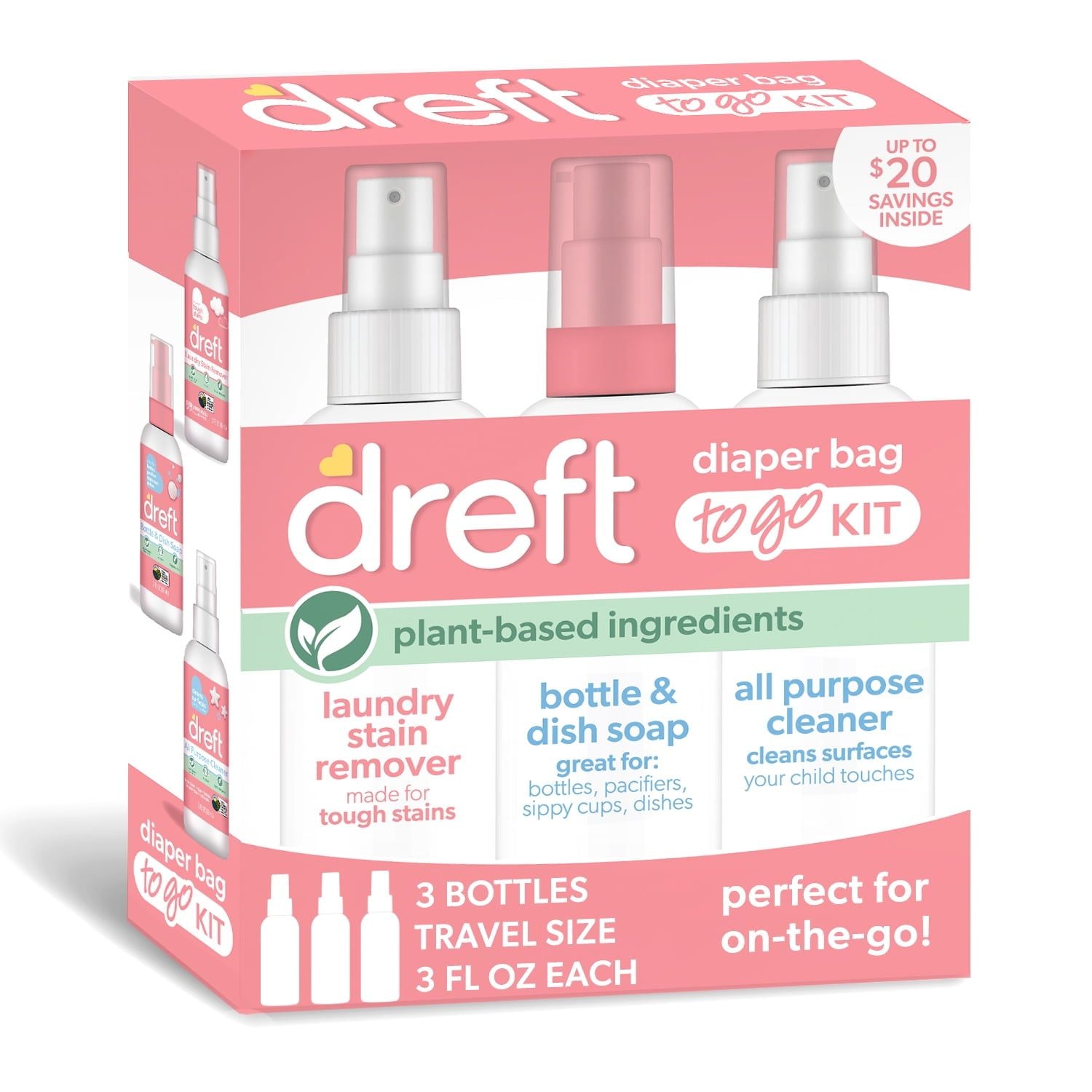 Dreft diaper bag to go kit packaging with three bottles on a white background