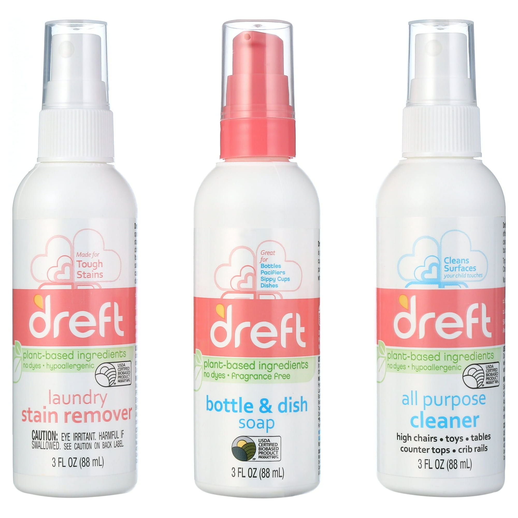 Three bottles of Dreft cleaning products on a white background. From left to right: Laundry stain remover, bottle & dish soap, all purpose cleaner.
