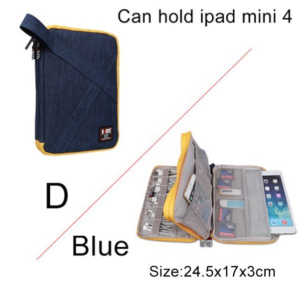 Blue carrying case with yellow accents for iPad mini 4, showing interior compartments. Size D 24.5 cm by 17 cm by 3 cm