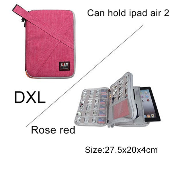 Rose red carrying case for iPad Air 2 with size and feature details on a white background. D-Extra Large 27.5 cm by 20 cm by 4 cm