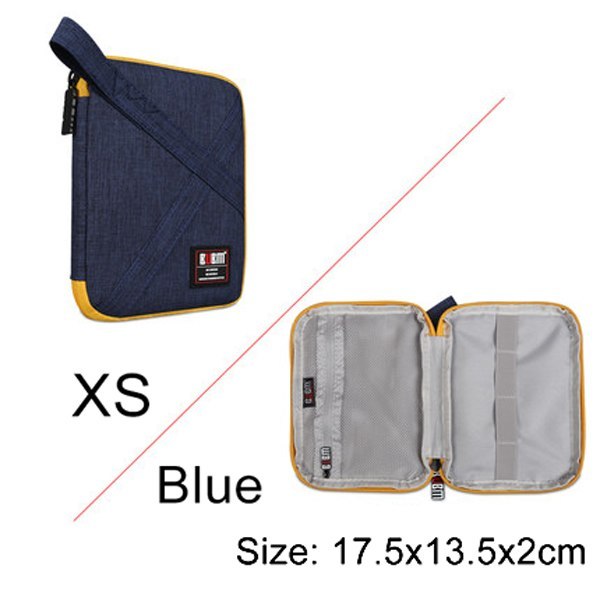 Blue travel pouch with yellow accents, open to show interior, on a white background. Extra Small - 17.5 cm by 13.5 cm by 2 cm. 