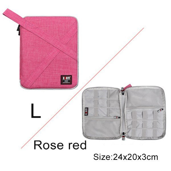 Pink and gray travel organizer with a label on a white background. Large 24 cm by 20 cm by 3 cm 