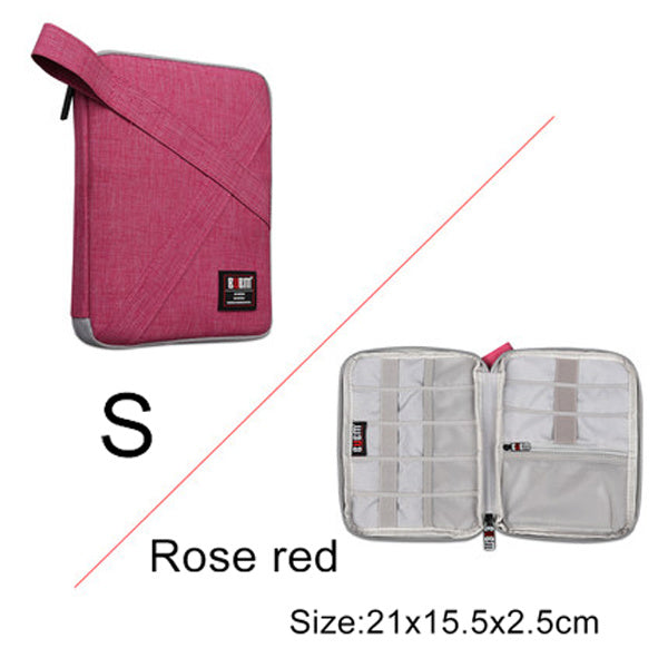 Rose red travel organizer with open view showing compartments on a white background. Small - 21 cm by 15.5 cm by 2.5 cm. 