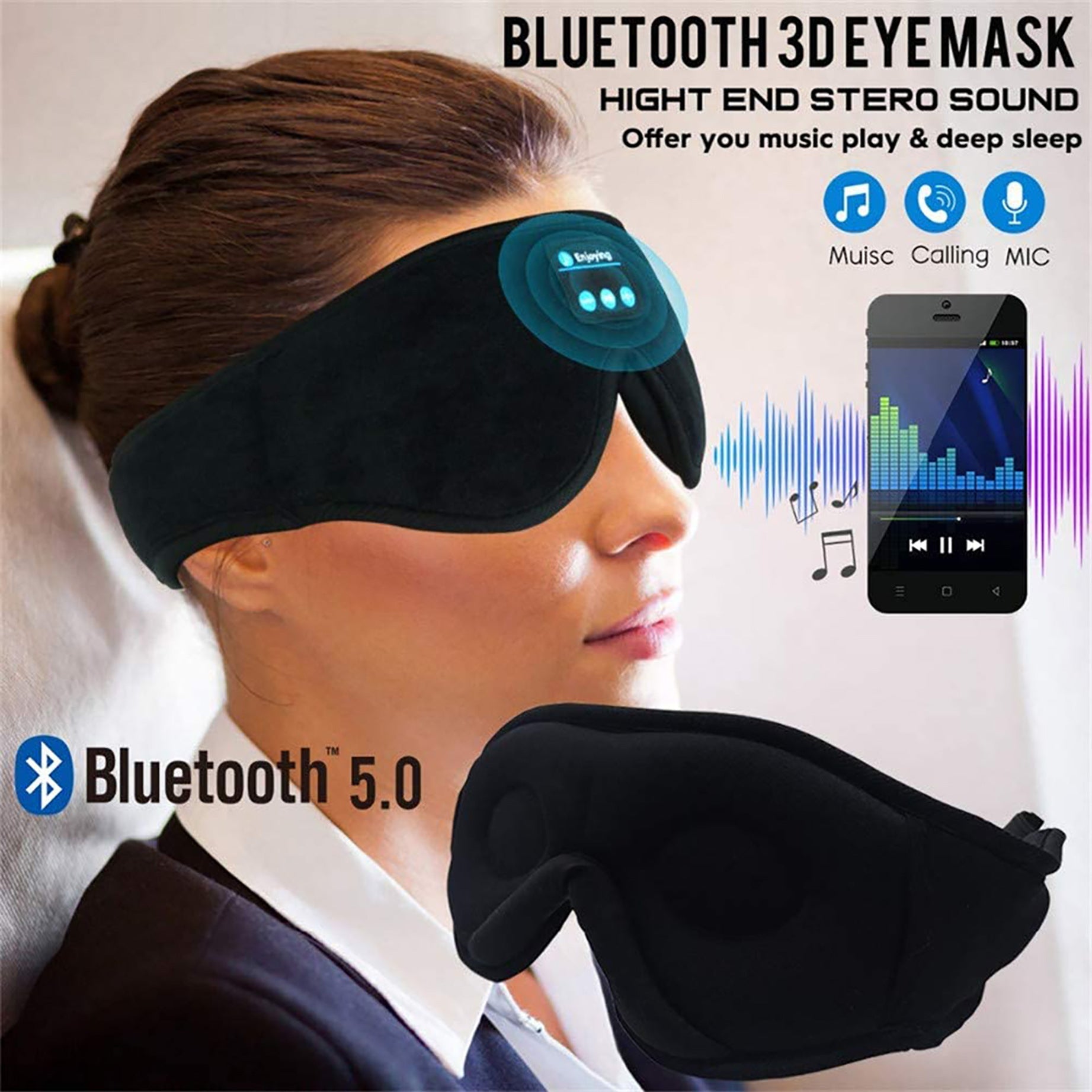 Wireless Stereo Sleep Eye Mask – Bluetooth 5.0 Blackout Mask with Call Function