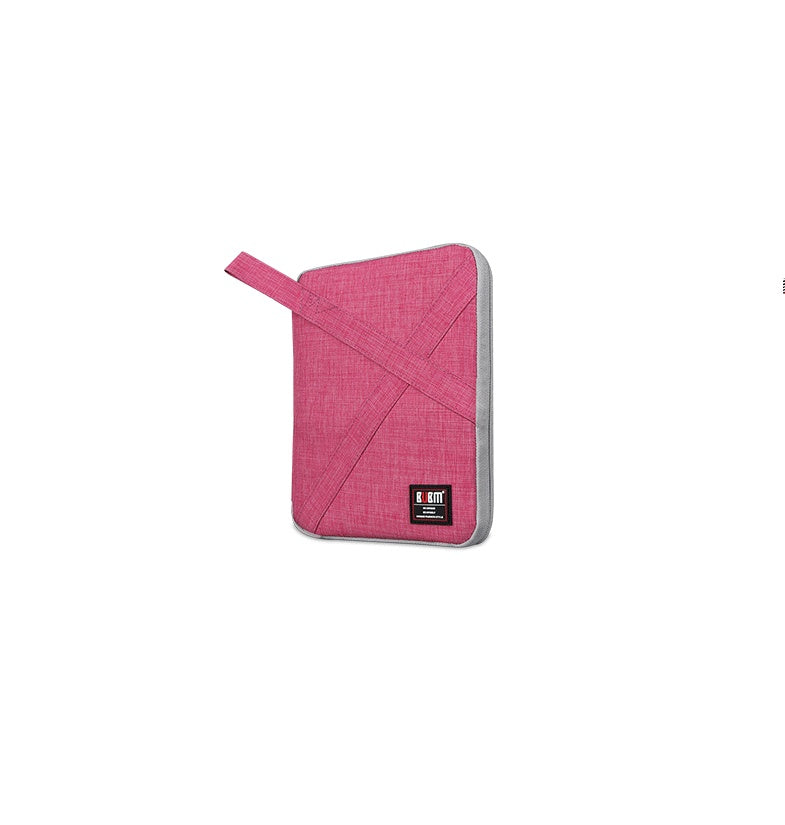 Pink pouch with a brand label on a white background