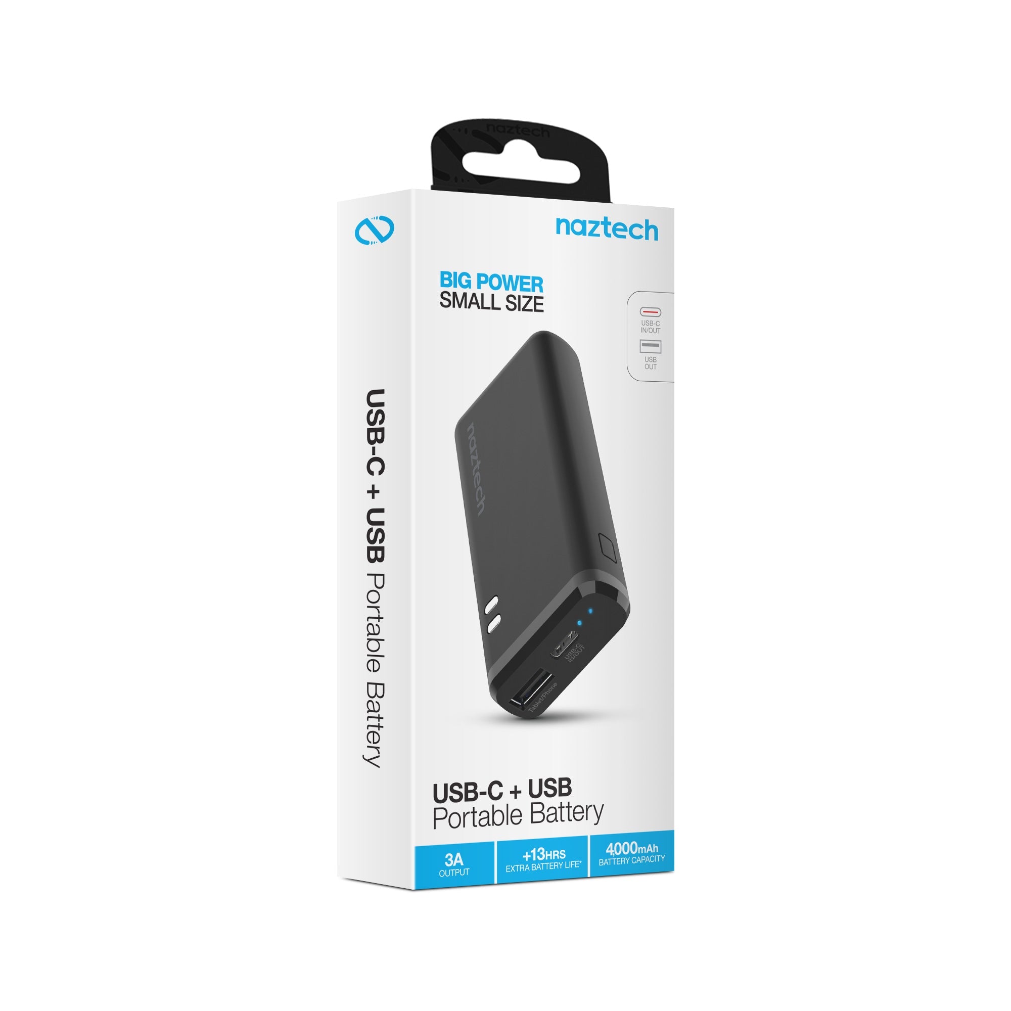Naztech 4000mAh Power Bank – Dual USB-C + USB Output with 13-Hour Battery Life