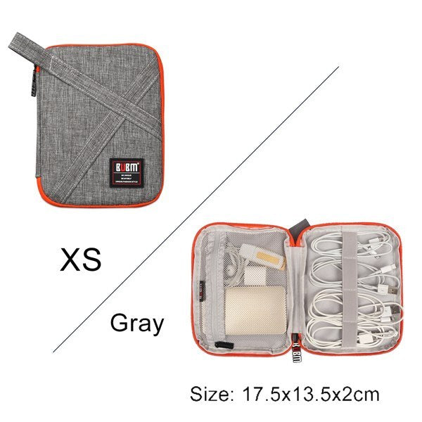 Gray travel organizer with orange accents, open to show contents, on a white background. Extra Small - 17.5 cm by 13.5 cm by 2 cm. 