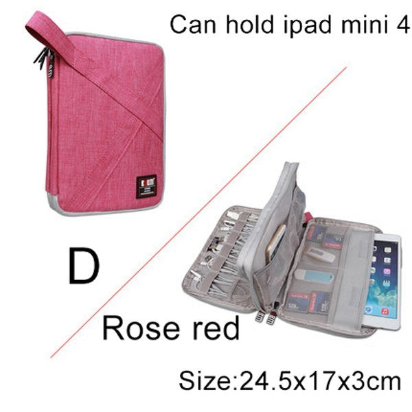 Rose red case for iPad mini 4 with open view showing compartments. Size D - 24.5 cm by 17 cm by 3 cm. 