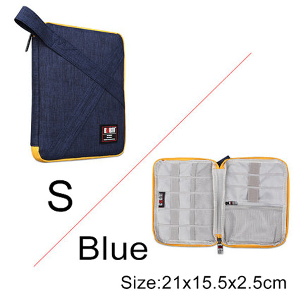Blue and yellow travel organizer with open view showing compartments on a white background. Small - 21 cm by 15.5 cm by 2.5 cm. 