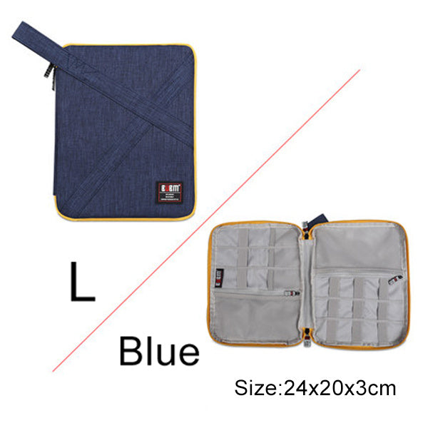 Blue and gray zippered pouches with size and color information on a white background. Large - 24 cm by 20 cm by 3 cm. 