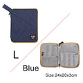 Blue and gray zippered pouches with size and color information on a white background. Large - 24 cm by 20 cm by 3 cm. 