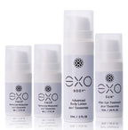Set of EXO skincare products including Face, Body, and Sun on a white background