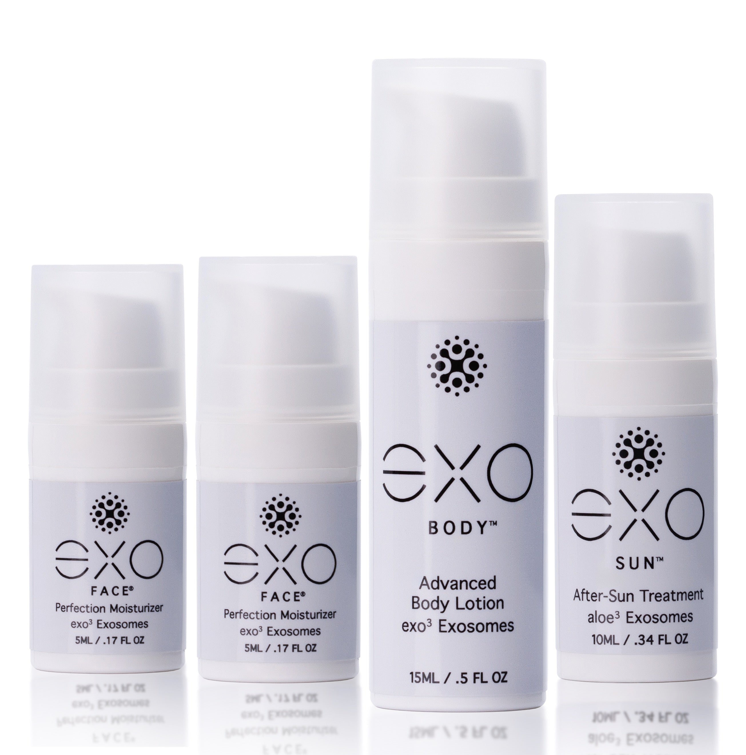 Set of EXO skincare products including Face, Body, and Sun on a white background
