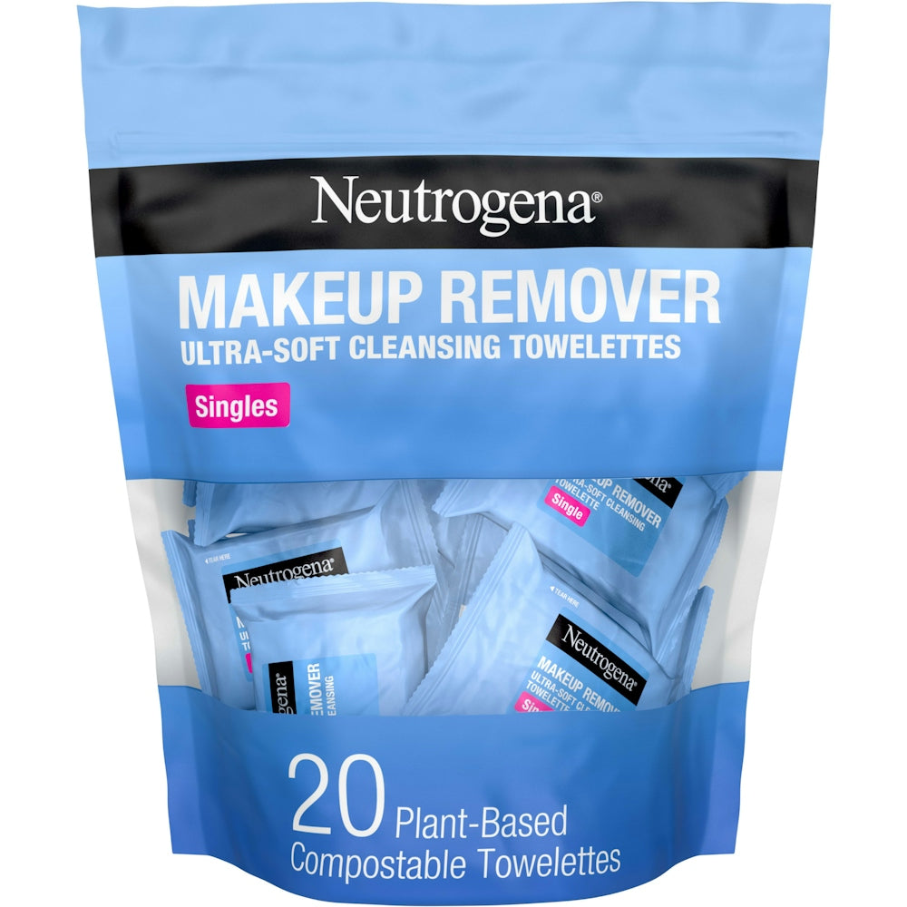 Neutrogena makeup remover cleansing towelettes packaging with blue and black design.