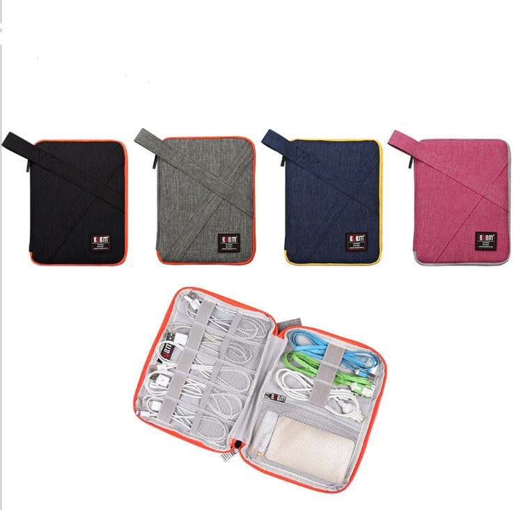 Set of four different colored carrying cases for electronic devices, with one open showing organized cables.