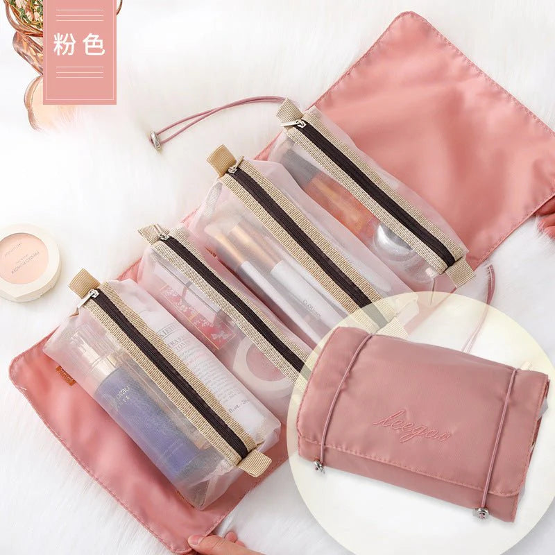 Set of clear makeup bags with pink exterior on a white background