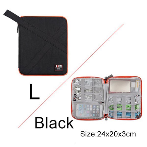 Black travel organizer with open view showing compartments on a white background. Large - 24 cm by 20 cm by 3 cm. 