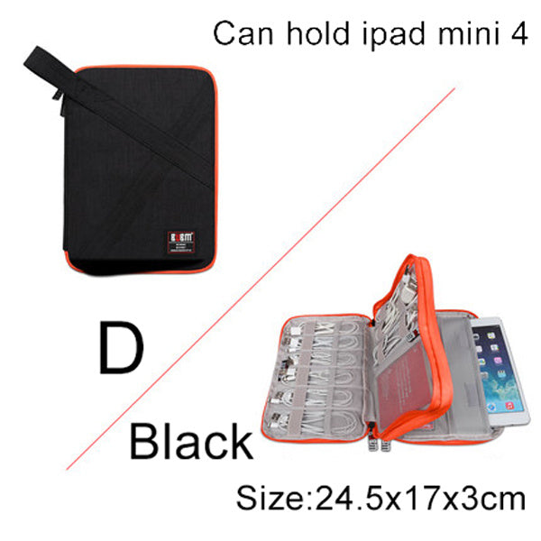 Black and orange carrying case with an open view showing its capacity for an iPad mini 4. Size D 24.5 cm by 17 cm by 3 cm