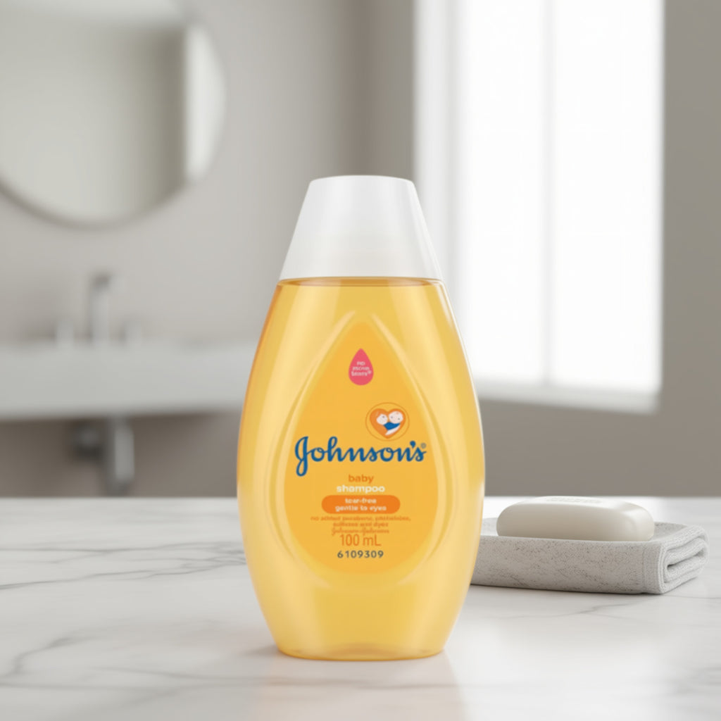 A 100ml, 3.4 oz container Johnson's baby shampoo bottle on a bathroom counter