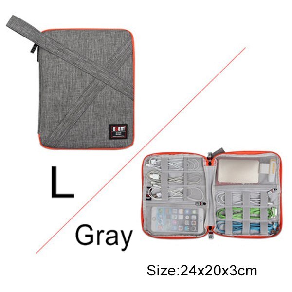 Gray travel organizer with open view showing compartments on a white background. Extra Small - 17.5 cm by 13.5 cm by 2 cm. 
