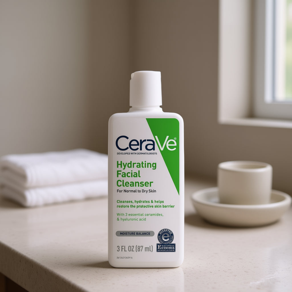 CeraVe hydrating facial cleanser bottle on a bathroom counter with towels and a cup in the background.