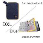 Blue and yellow carrying case for iPad Air 2 with product details on a white background. D-Extra Large 27.5 cm by 20 cm by 4 cm