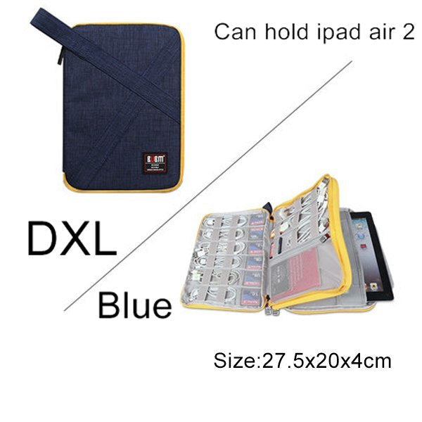 Blue and yellow carrying case for iPad Air 2 with product details on a white background. D-Extra Large 27.5 cm by 20 cm by 4 cm