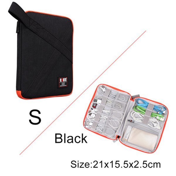 Black and orange travel organizer with open view showing compartments on a white background. Small 21 cm by 12.5 cm by 2.5 cm