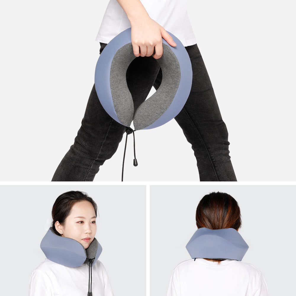 Collage of a travel neck pillow held by a person and worn by another, on a white background.