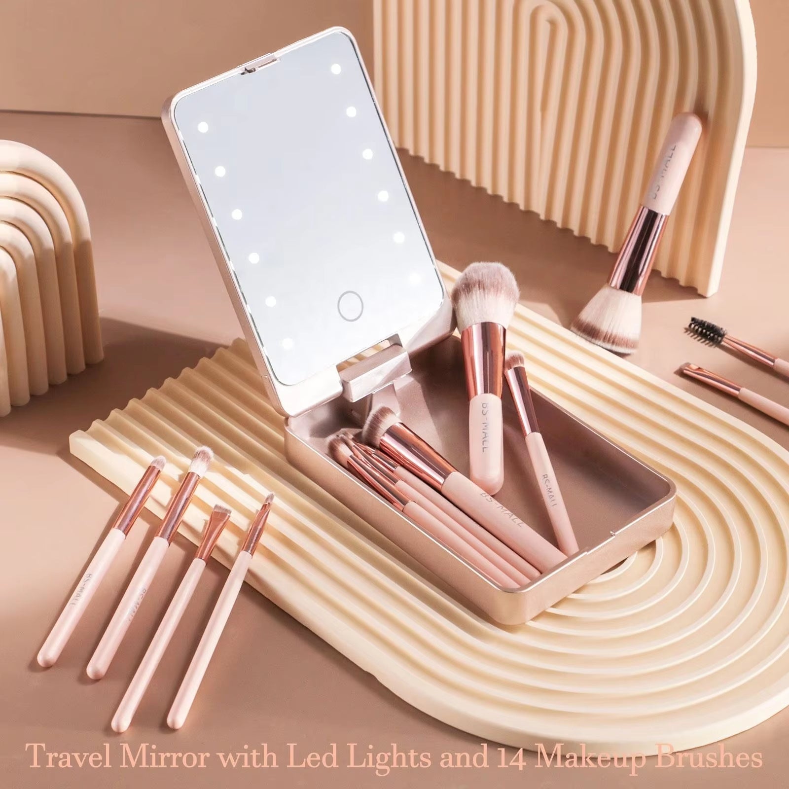 14-Piece Travel Makeup Brush Set – Skin-Friendly Brushes + LED Mirror Case