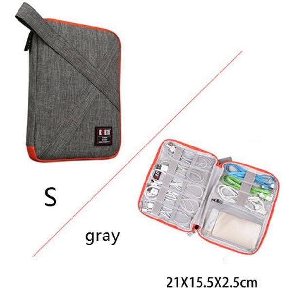 Gray travel organizer with red accents, open to show contents, on a white background. Small - 21 cm by 15.5 cm by 2.5 cm. 