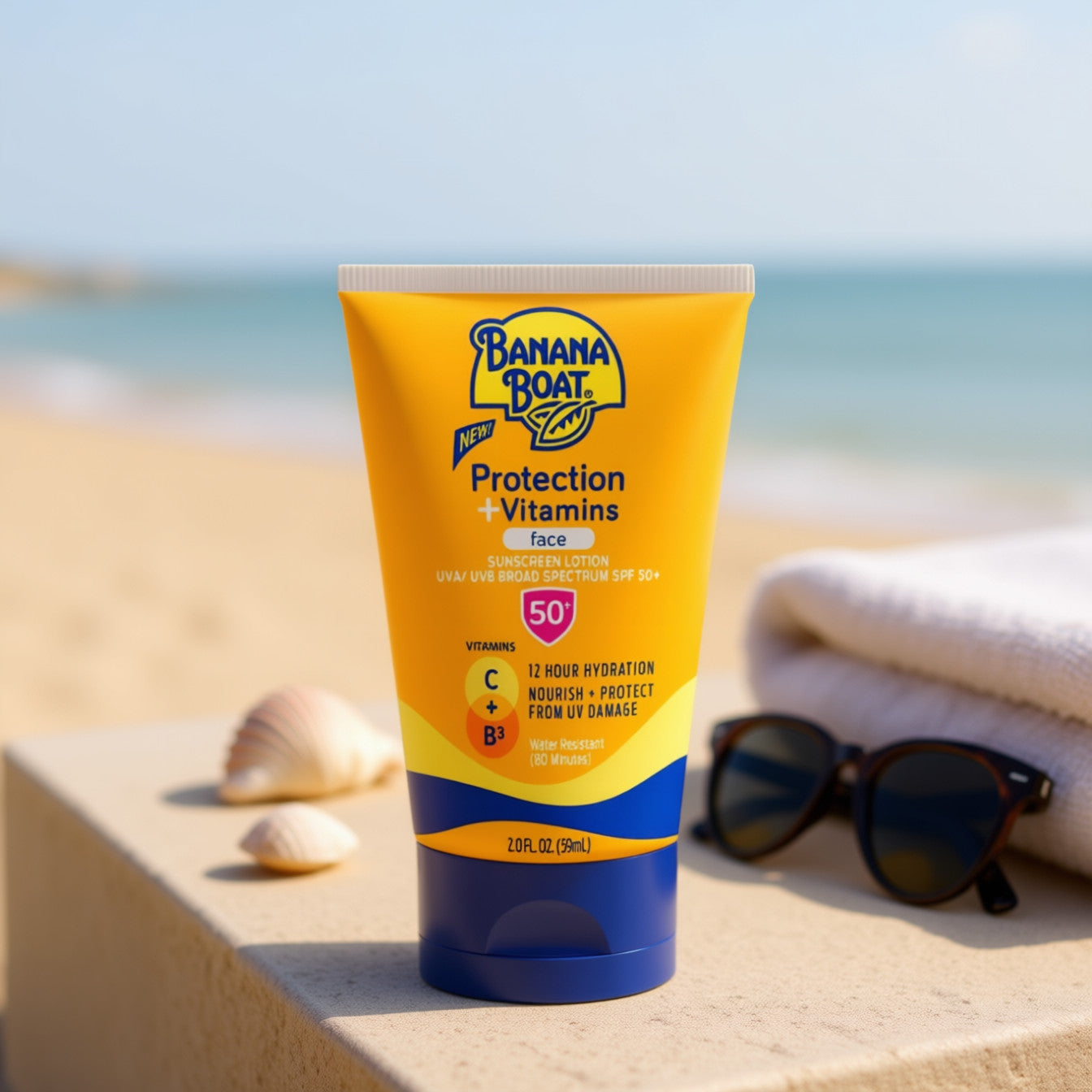 Banana Boat sunscreen tube on a beach with sunglasses and towel