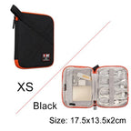 Black and orange travel organizer with open view showing compartments, size 17.5x13.5x2cm.