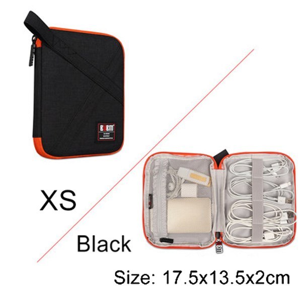 Black and orange travel organizer with open view showing compartments, size 17.5x13.5x2cm.