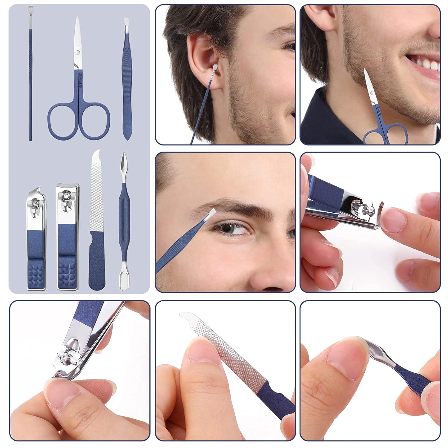 Set of grooming tools including scissors, tweezers, and nail clippers on a white background. It shows the various items in action.