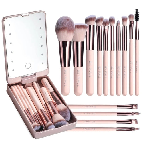 14-Piece Travel Makeup Brush Set – Skin-Friendly Brushes + LED Mirror Case