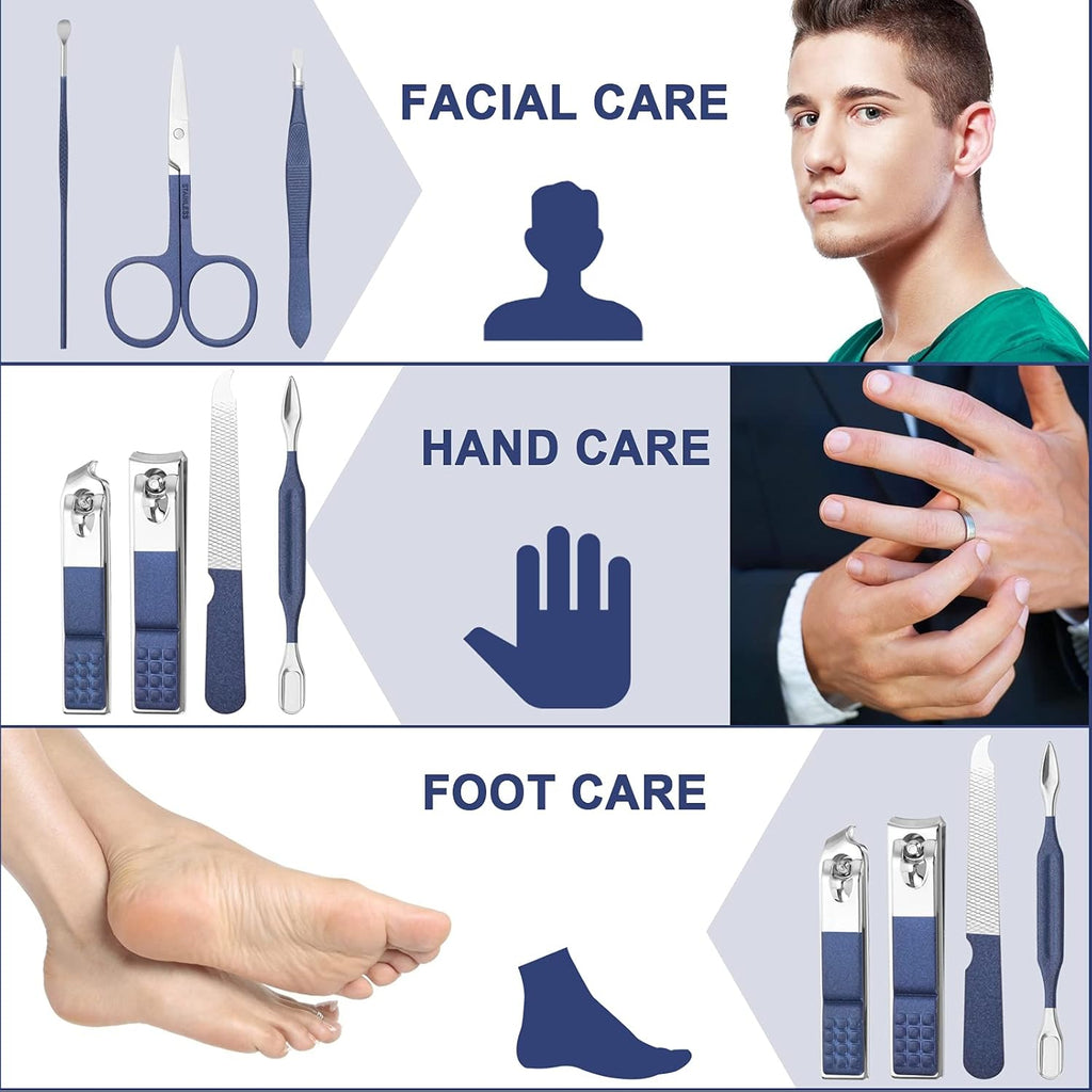 Grooming tools for facial, hand, and foot care with corresponding images and icons.