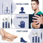 Grooming tools for facial, hand, and foot care with corresponding images and icons.