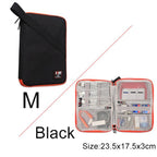 Black and red travel organizer with open view showing compartments on a white background. Medium - 23.5 cm by 17.5 cm by 3 cm. 