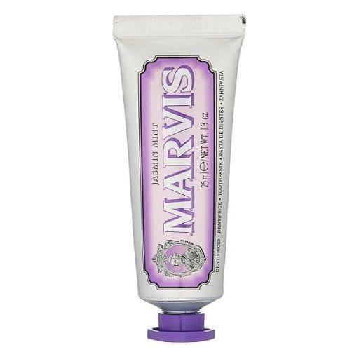 Marvis toothpaste tube with purple and white design on a white background