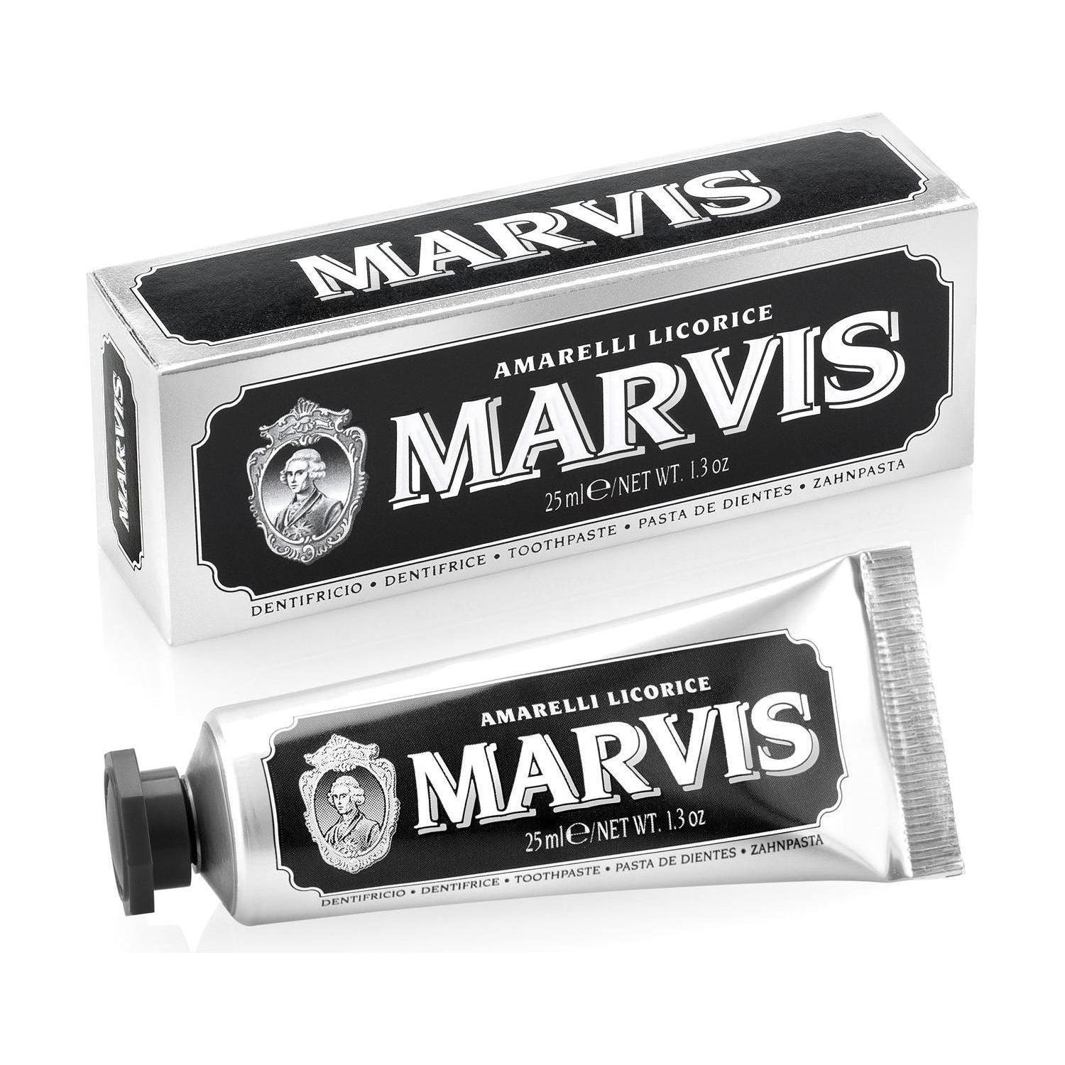 Marvis toothpaste tube and black-and-white packaging on a white background