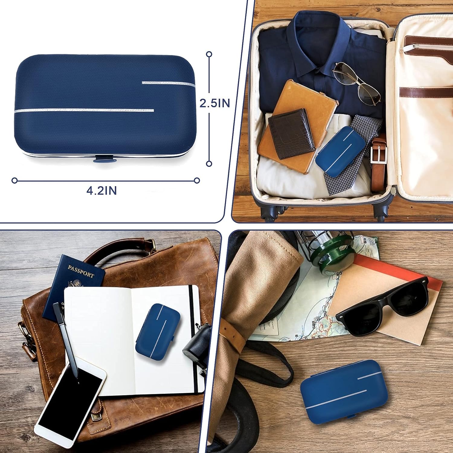 Blue manicure case with dimensions, shown with items inside a suitcase, on a table, and with a phone. It measures 4.2 inches across and 2.5 inches long.