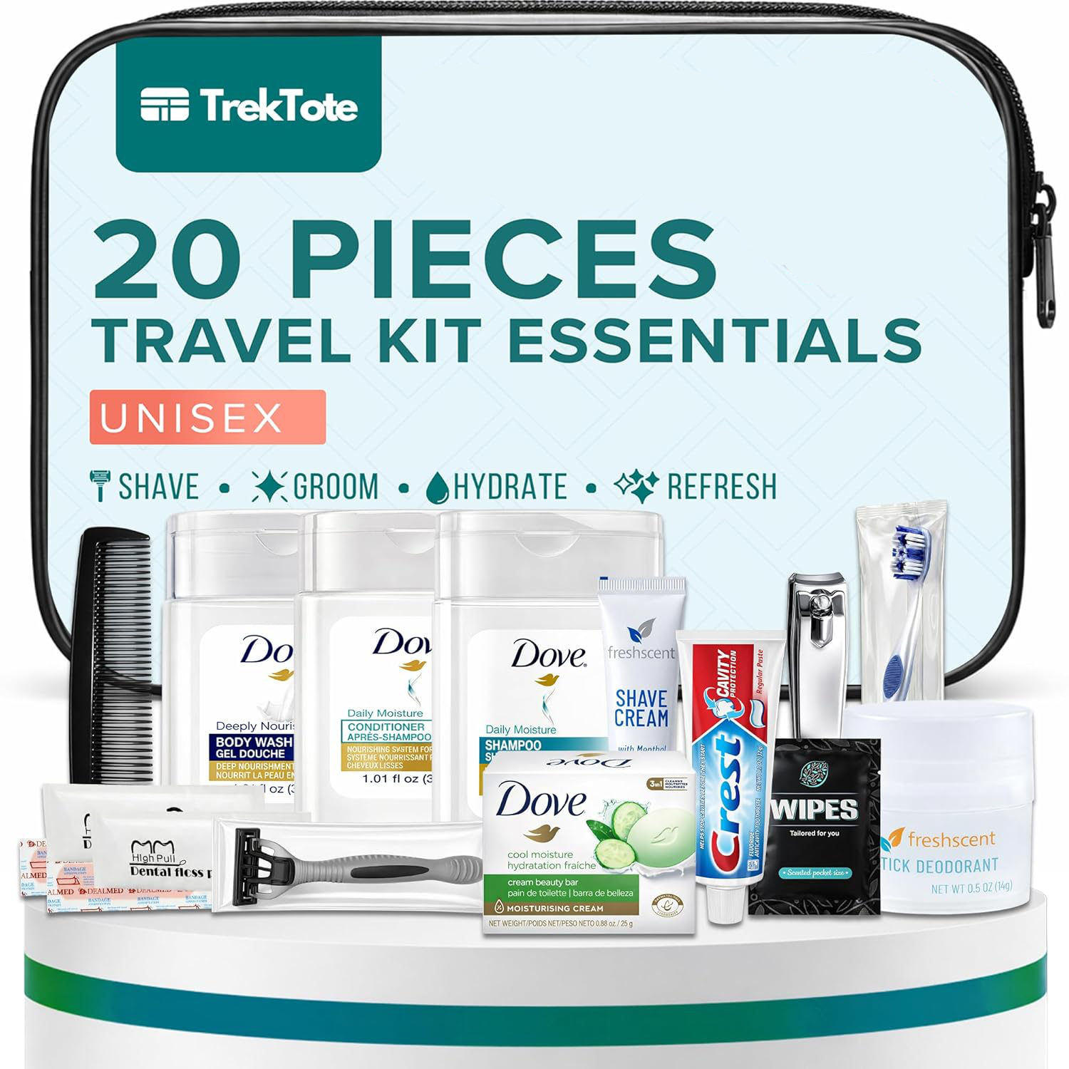 Travel kit with toiletries and TrekTote branding on a white background. It is listed as unisex and designed for: shave, groom, hydrate, refresh.