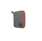 Gray and orange pouch with a brand label on a white background